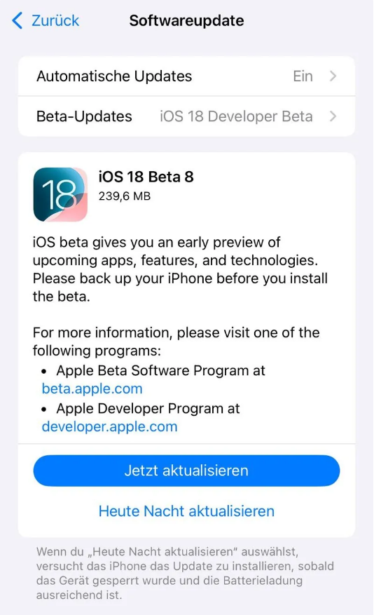 武胜苹果手机维修分享苹果 iOS / iPadOS 18 开发者预览版 Beta 8 发布 